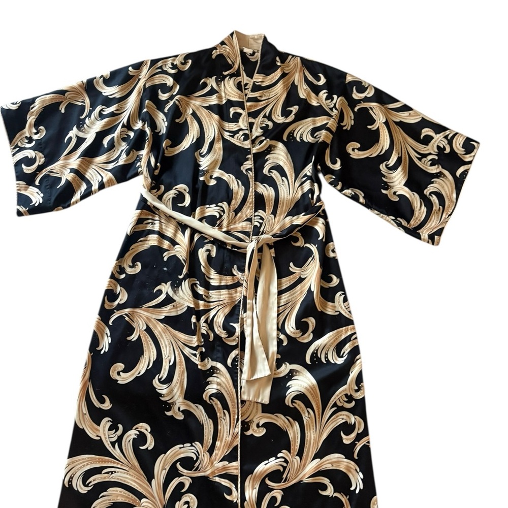 Natori Classics Belted Black & Gold Baroque Print Kimono Maxi Robe / Dress - Picture 10 of 10